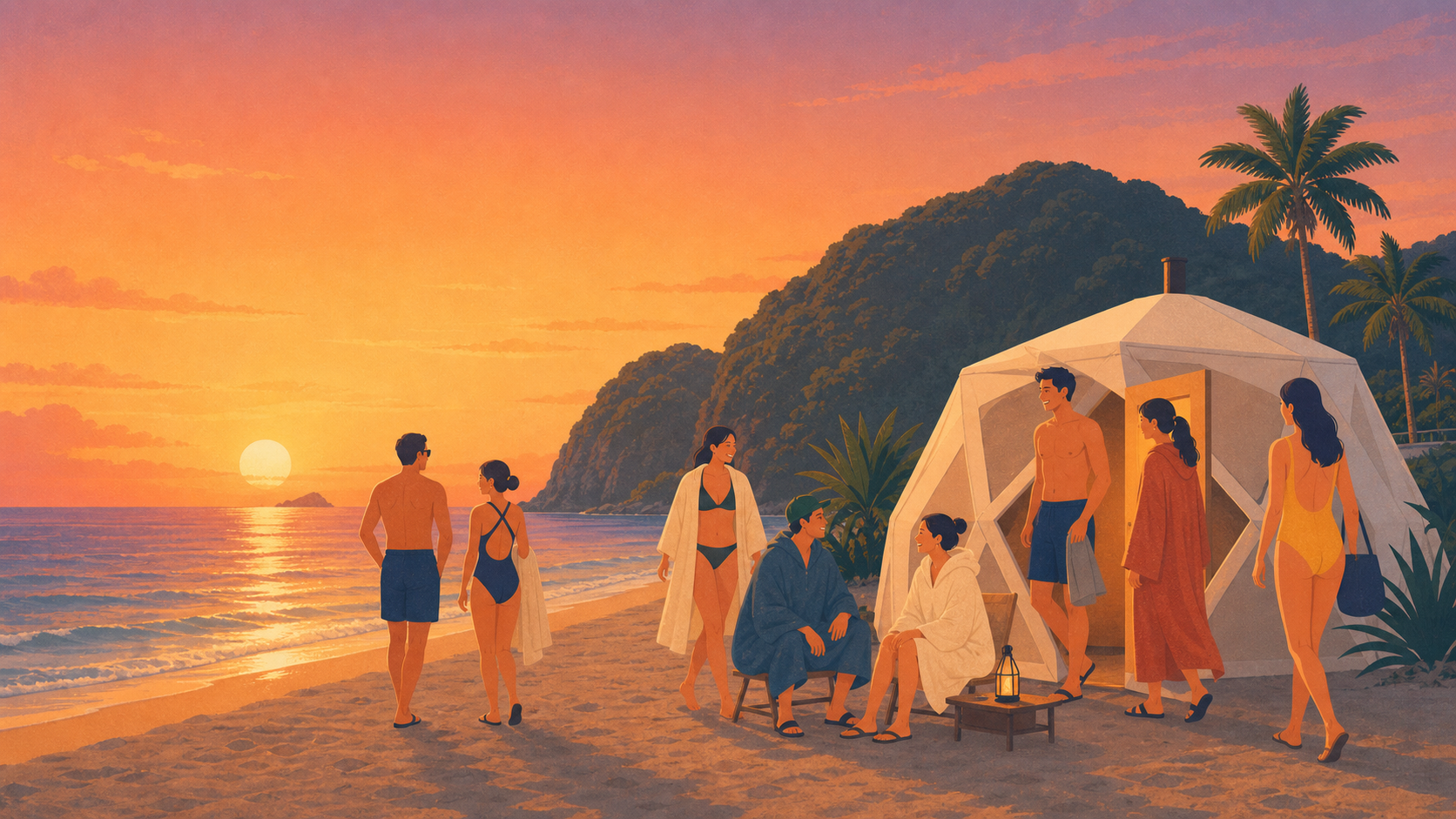夕陽の糸島の海辺とビーチサウナを描いたレトロイラスト