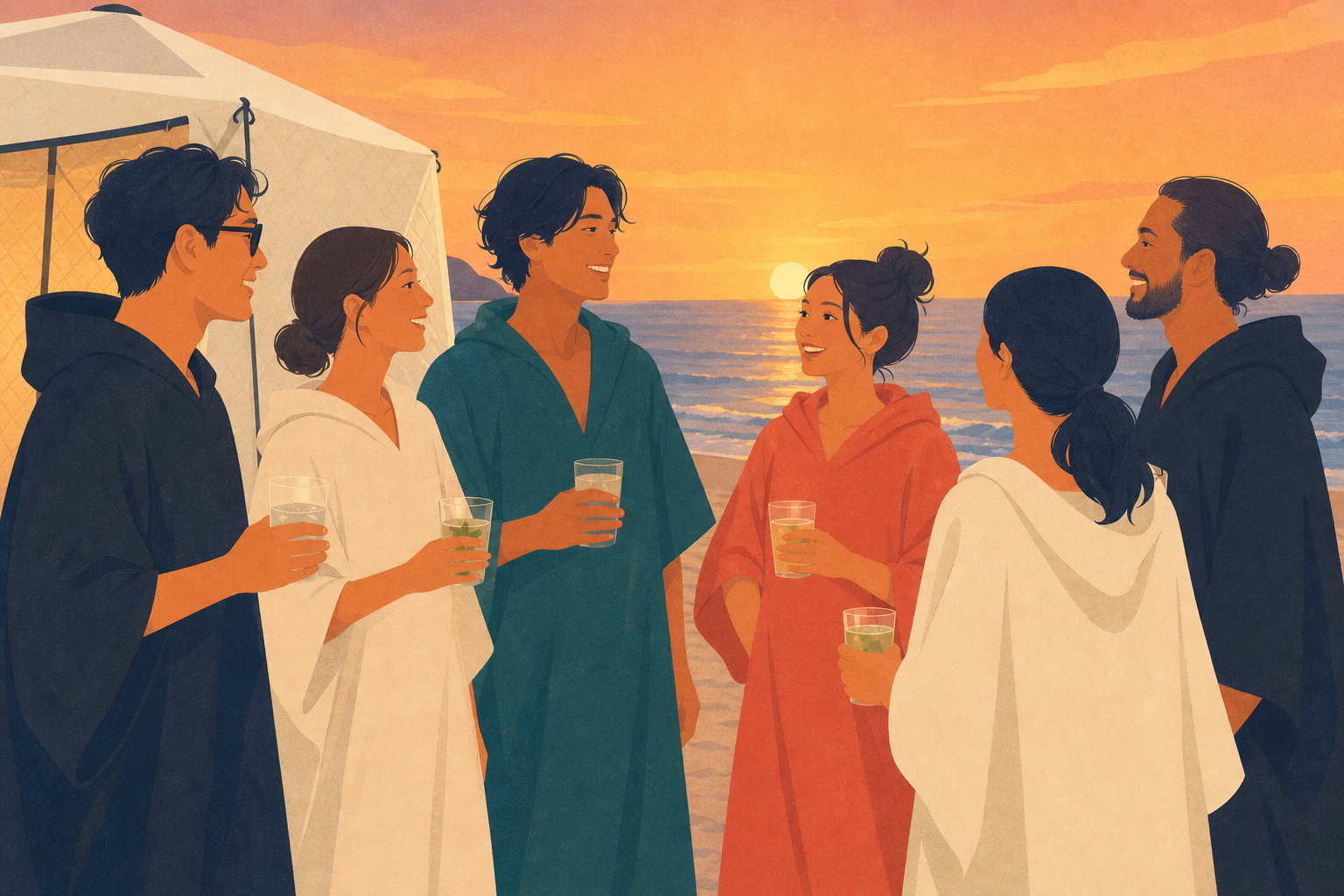 夕陽の海辺でポンチョを着て語らう参加者のレトロイラスト