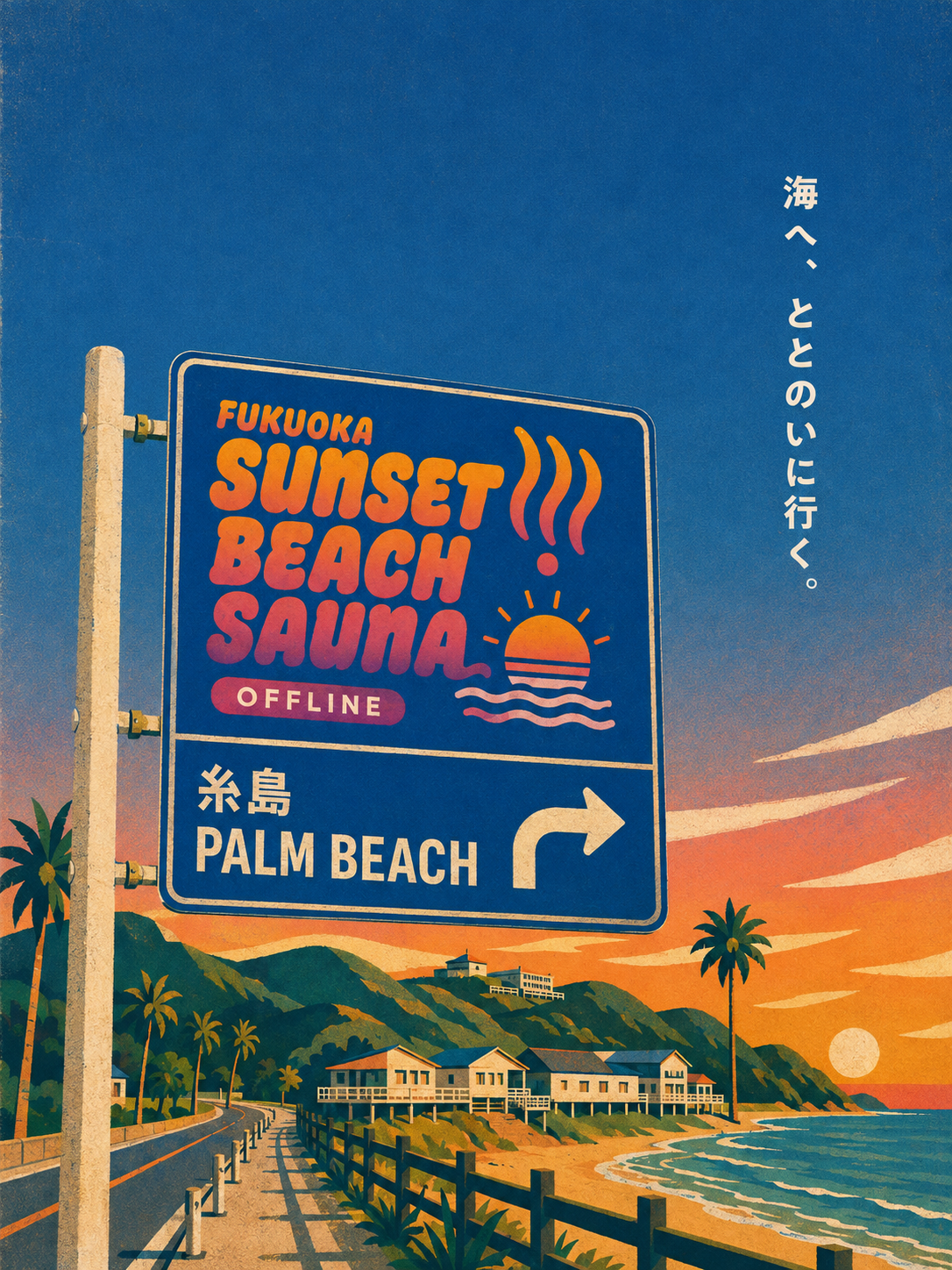 FUKUOKA SUNSET BEACH SAUNA OFFLINE。糸島PALM BEACHへ向かう道路標識と海辺のレトロイラスト